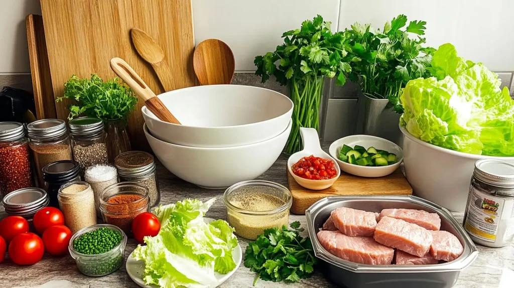 A countertop filled with a variety of kitchen tools for making tuna burgers: a large mixing bowl, a wooden spoon, a can opener, fresh herbs like cilantro and parsley, a cutting board with chopped ingredients, a fish spatula, burger molds, and jars of spices neatly arranged, all surrounded by fresh tuna fillets and vibrant vegetables like lettuce and tomatoes. Soft natural light illuminating the scene.