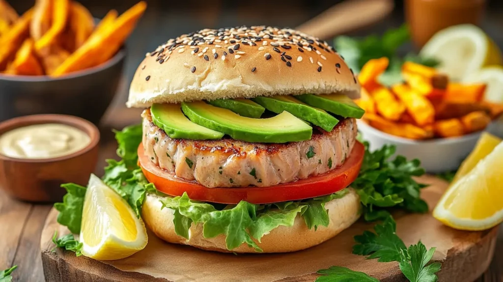 A close-up view of a vibrant tuna burger, showcasing a perfectly seared tuna patty topped with fresh avocado slices, crisp lettuce, and ripe tomato, nestled in a whole grain bun. Surrounding the burger are colorful ingredients like lemon wedges, a side of sweet potato fries, and a small bowl of tangy dipping sauce. The background features a rustic wooden table setting with fresh herbs and kitchen utensils, creating an inviting and healthy atmosphere.