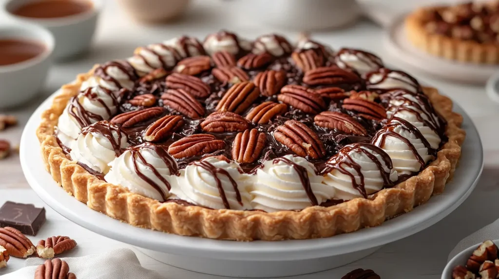 Beautifully presented turtle pie with whipped cream, drizzles of chocolate and caramel, and pecans on top.