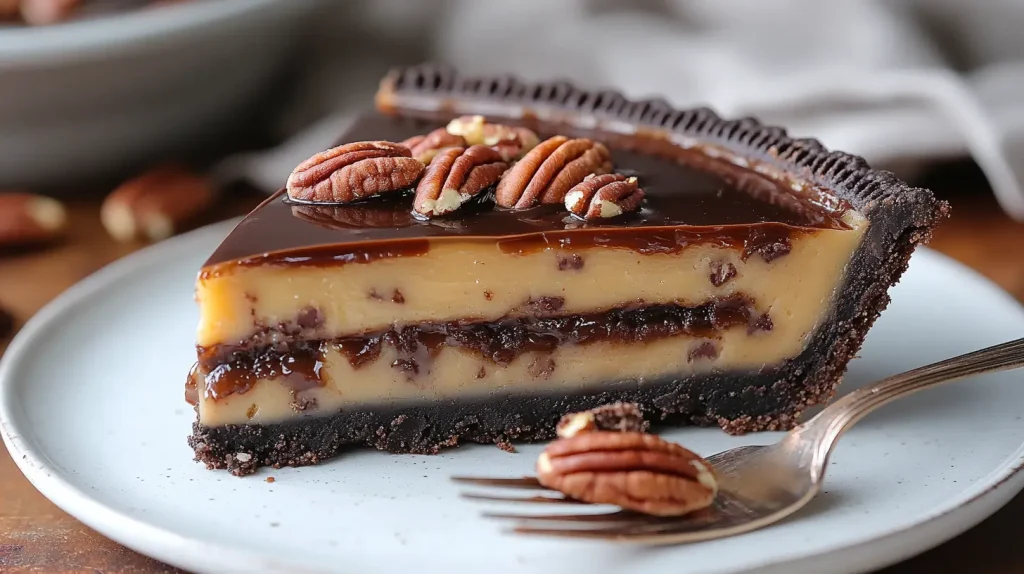Close-up of a turtle pie slice highlighting its layers of crust, caramel, ganache, and pecans.