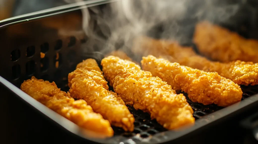 Golden Tyson Chicken Fries being removed from an air fryer basket.