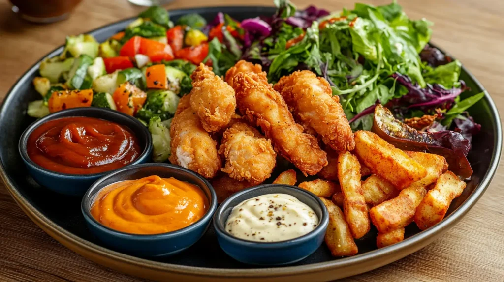 Tyson Chicken Fries served with dipping sauces and side dishes like salad and roasted veggies.