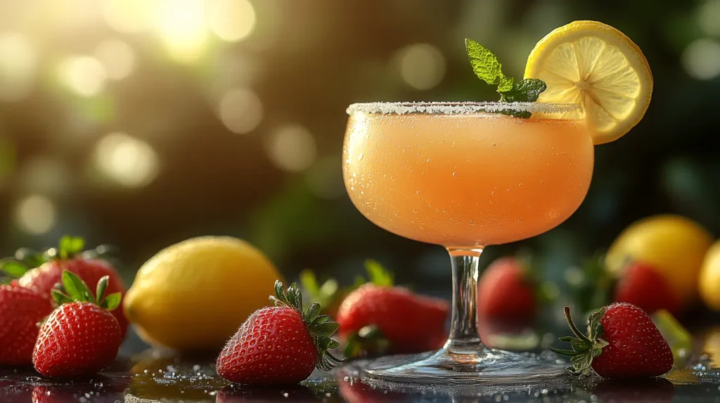 A refreshing strawberry lemon drop cocktail on a summer table surrounded by strawberries and lemon slices.