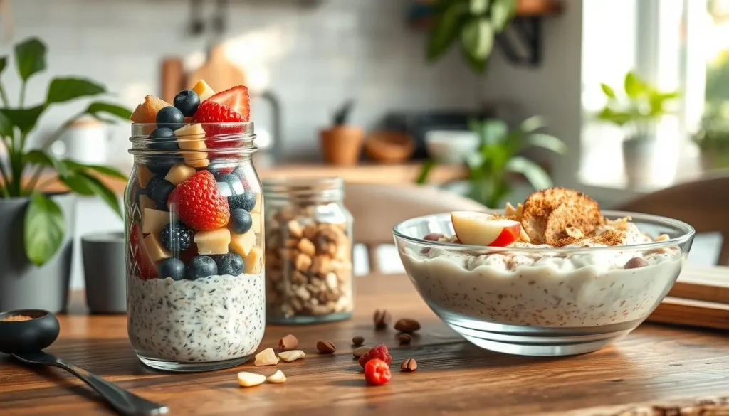 A beautifully arranged vegan breakfast scene featuring classic overnight oats in a glass jar topped with fresh fruits, nuts, and seeds, alongside a bowl of Bircher muesli garnished with grated apple and a sprinkle of cinnamon, set on a rustic wooden table with natural light streaming in, surrounded by green plants and a cozy kitchen ambiance.