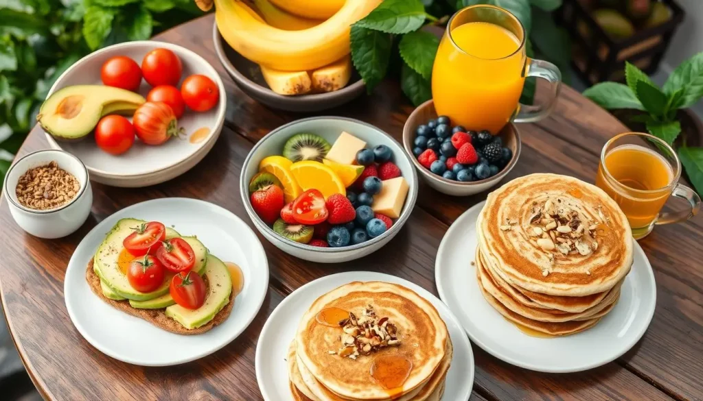 A vibrant spread of vegan breakfast essentials featuring smooth avocado toast topped with cherry tomatoes, a colorful fruit bowl with bananas, berries, and kiwi, a stack of fluffy pancakes drizzled with maple syrup and sprinkled with nuts, a glass of freshly squeezed orange juice, and a cozy cup of herbal tea arranged on a wooden table, surrounded by greenery.