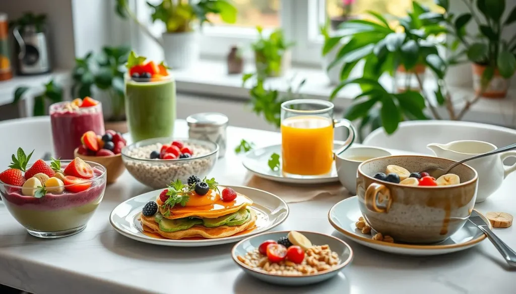 A beautifully arranged vegan breakfast table, featuring colorful smoothie bowls topped with fresh fruits, chia seed pudding, avocado toast with cherry tomatoes and microgreens, a plate of golden pancakes with maple syrup and berries, a steaming cup of herbal tea, and a bowl of oatmeal garnished with nuts and sliced bananas, all set against a bright and airy kitchen backdrop filled with greenery.