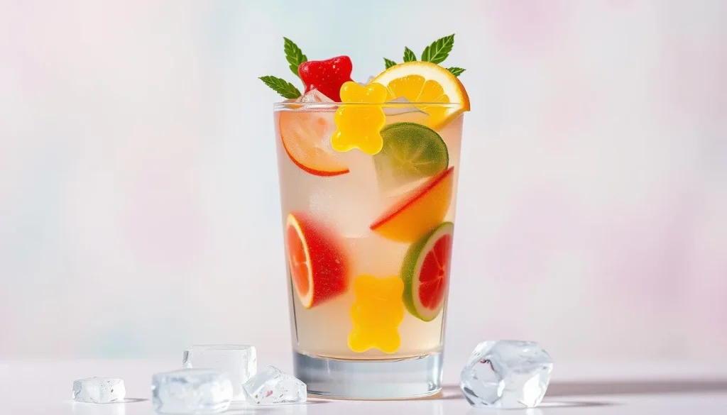 A refreshing white gummy bear cocktail in a crystal-clear glass, filled with a blend of vibrant fruit juices, garnished with colorful gummy bears and fresh fruit slices, set against a soft pastel background, with ice cubes sparkling under ambient light.