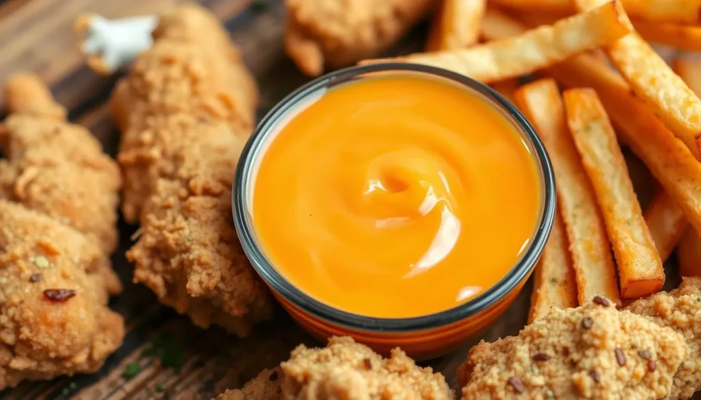 A close-up view of a small bowl of creamy, orange-colored dipping sauce surrounded by fresh chicken tenders and crispy fries, with a rustic wooden table in the background. The sauce glistens slightly, reflecting the light, and there are scattered spices and herbs around the bowl to emphasize its flavorful ingredients.