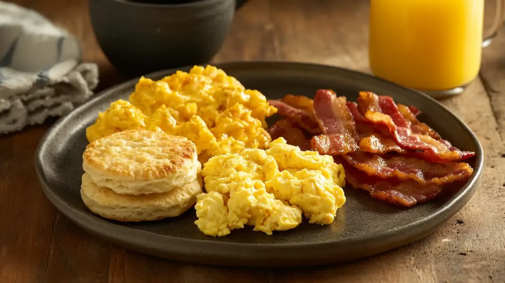 Breakfast plate with air fryer canned biscuits, eggs, and bacon
