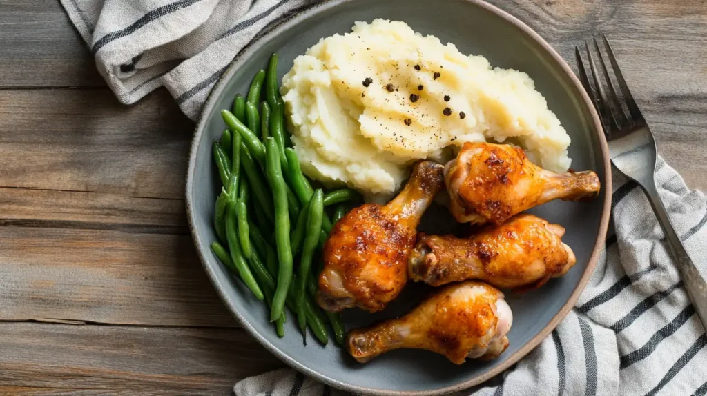 Cooked air fryer chicken drumsticks served with mashed potatoes and green beans