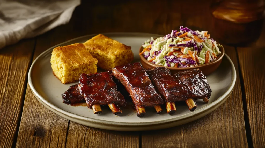 Cooked country style ribs served with coleslaw and cornbread