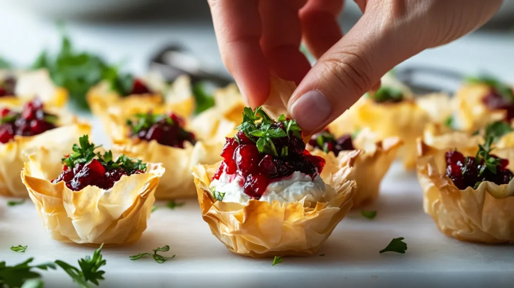 Assembling Phyllo Cups With Goat Cheese And Cranberries.