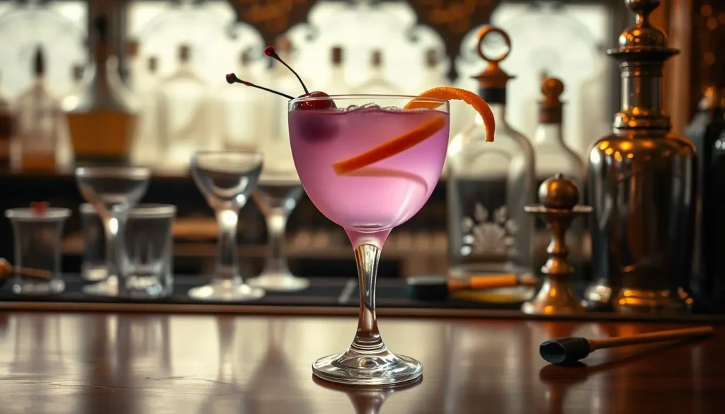 A vintage bar scene featuring an elegant Aviation cocktail with a light purple hue, garnished with a cherry and an orange twist; antique glassware and classic bartending tools in the background; soft lighting highlighting the drink; period decor reflecting the early 20th century, such as Art Deco elements and ornate details.