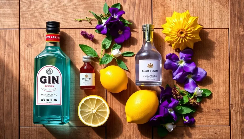 A beautifully arranged flat lay of Aviation cocktail ingredients, featuring a vibrant bottle of gin, a small bottle of maraschino liqueur, a delicate purple bottle of crème de violette, fresh lemon, and stunning edible flowers for garnish, set against a rustic wooden surface with soft natural lighting.