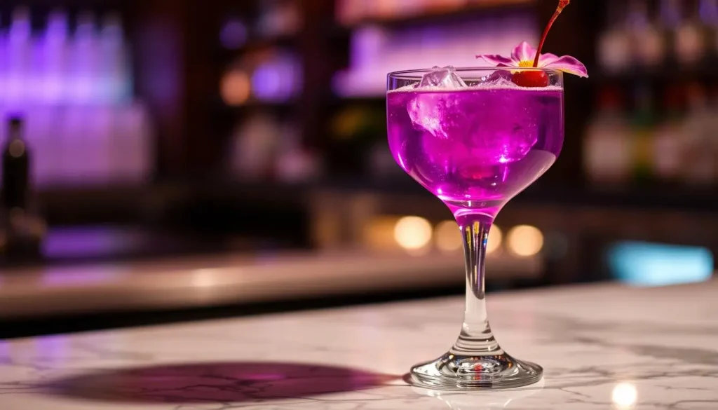 Aviation cocktail in a stylish glass, vibrant purple hue with floral accents, served on a marble bar top, delicate garnishes of edible flowers and a cherry, soft ambient lighting, reflecting colors in the background, elegant and sophisticated atmosphere.