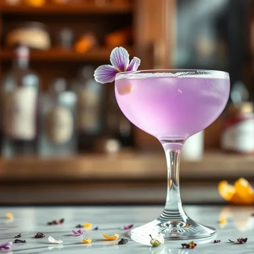 A beautifully crafted Aviation Cocktail served in a classic coupe glass, featuring a vibrant lavender hue. The drink is garnished with a delicate edible flower, surrounded by a scattering of aromatic botanicals and a hint of citrus peel. The background is softly blurred, evoking an elegant bar setting with vintage elements, warm lighting, and polished wood accents.