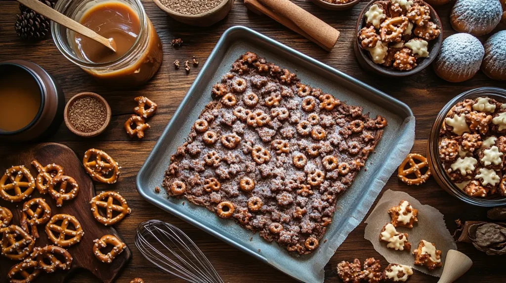 Baking tools for toffee pretzels, including a mixing bowl, spatula, measuring cups, baking sheet lined with parchment paper, caramel sauce in a jar, pretzel twists scattered around, and a whisk; set on a rustic wooden countertop with warm kitchen lighting.