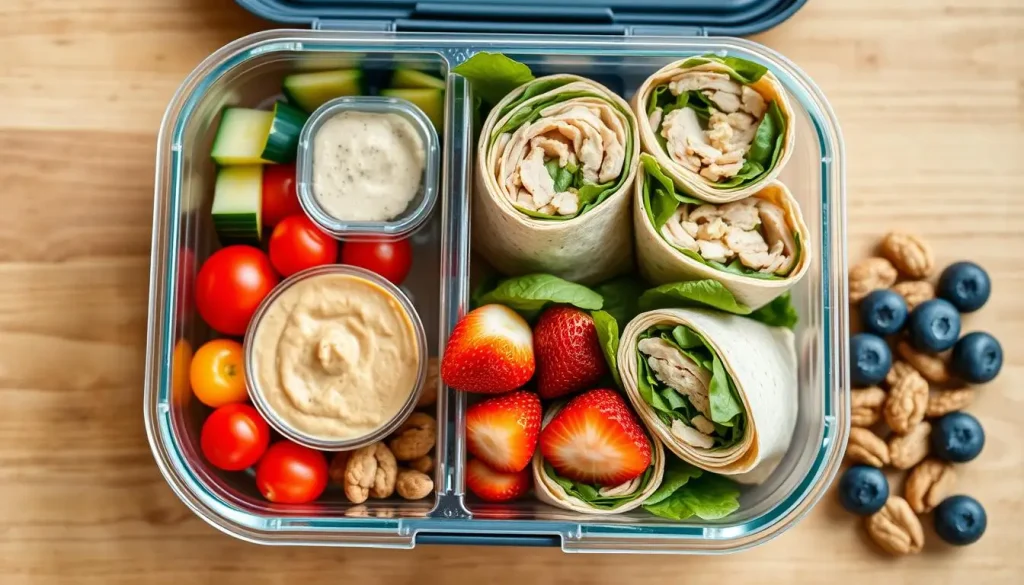 A neatly arranged lunch box featuring a variety of balanced components: colorful fresh vegetables like cherry tomatoes and cucumber slices, whole grain wraps filled with lean turkey and spinach, a small container of hummus, a serving of mixed fruits including strawberries and blueberries, and a handful of nuts, all set against a clean wooden table background.