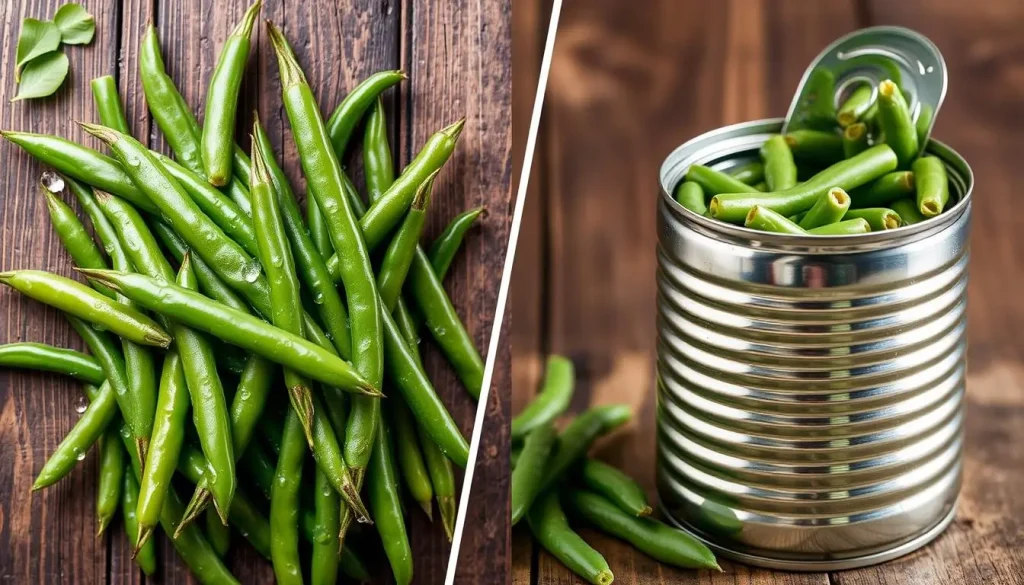 A split composition featuring fresh green beans on one side with vibrant colors and dew drops, and canned green beans on the opposite side in a shiny, metallic can with a slightly open lid, set against a rustic wooden background, showcasing the contrast in textures and appeal for a green bean casserole.