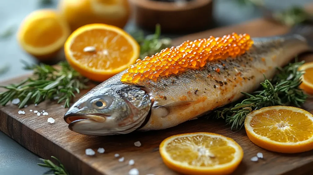 An elegant kitchen scene featuring fresh Corbina fish, vibrant orange roe delicately prepared on a rustic wooden cutting board, surrounded by fresh herbs, citrus slices, and shimmering sea salt, with soft natural light filtering in from a nearby window, creating a warm and inviting atmosphere.