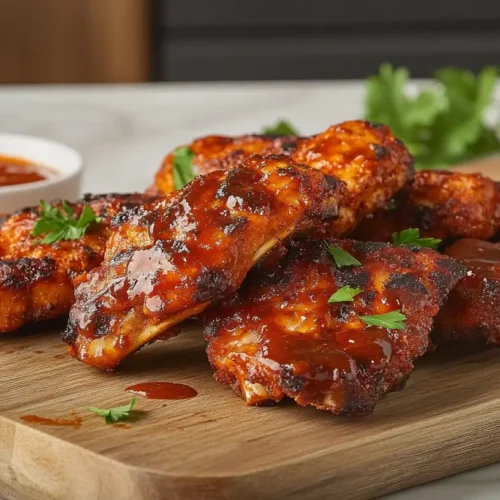 Juicy and crispy air fryer country style ribs on a cutting board