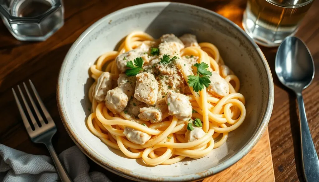 A beautifully plated dish of creamy chicken alfredo pasta, garnished with fresh parsley and grated parmesan cheese, served in a rustic bowl on a wooden table, surrounded by subtle kitchen elements like a fork, a spoon, and a glass of sparkling water. Soft natural lighting enhances the textures of the pasta and sauce, highlighting the delicious ingredients.
