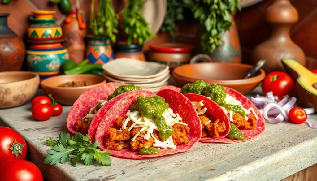 A colorful, rustic kitchen scene showcasing the traditional preparation of Enchiladas Potosinas, featuring vibrant red corn tortillas filled with cheese and topped with green salsa, surrounded by fresh ingredients like tomatoes, onions, and avocado. The backdrop includes Mexican pottery, a clay comal for cooking tortillas, and hanging herbs, evoking a warm, inviting atmosphere that highlights the rich culinary heritage of San Luis Potosí.