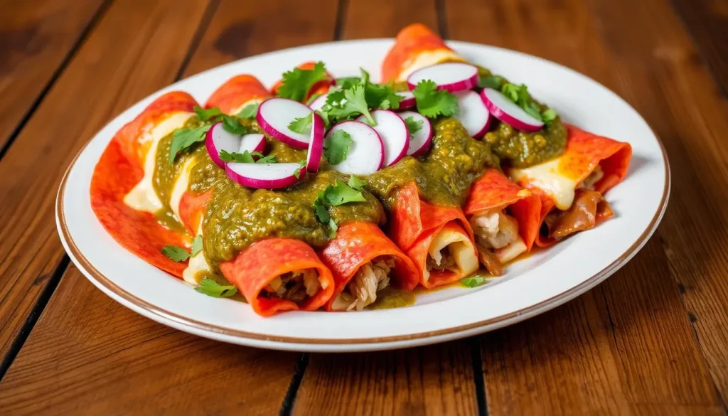 Plate of Enchiladas Potosinas featuring vibrant red tortillas, filled with savory ingredients, topped with fresh cheese and rich green salsa, garnished with cilantro and sliced radishes, on a rustic wooden table.