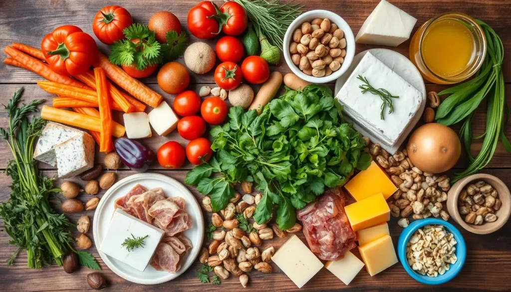 A vibrant flat lay composition featuring an array of essential ingredients for bite-sized recipes, including colorful vegetables, fresh herbs, assorted cheeses, small cuts of meat, nuts, and elegant garnishes, all artfully arranged on a rustic wooden table, with natural lighting highlighting the textures and colors.