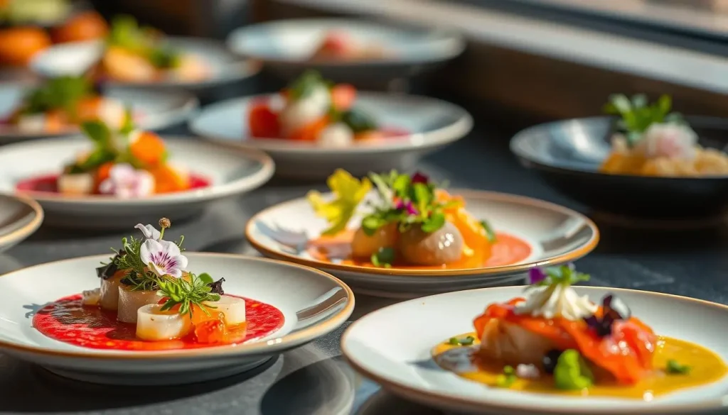 An elegant display of gourmet small dishes showcasing vibrant colors and intricate plating, each plate featuring unique flavor enhancements like colorful sauces, microgreens, edible flowers, and artistic garnishes, illuminated by soft natural lighting, emphasizing textures and freshness.
