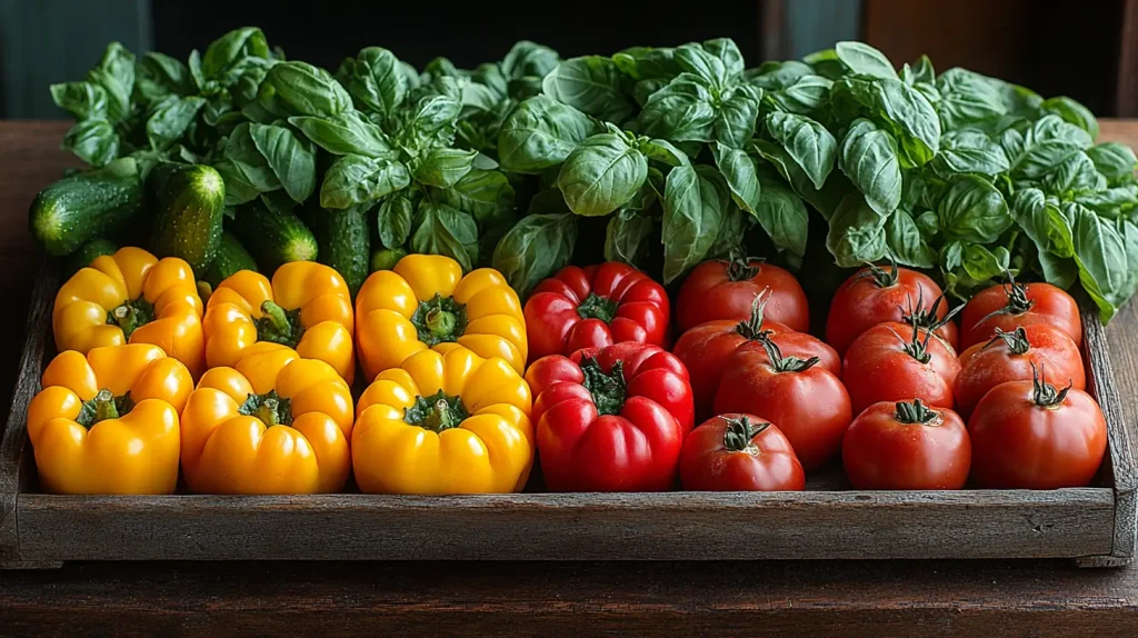 A vibrant assortment of fresh ingredients including colorful bell peppers, ripe tomatoes, aromatic basil, crunchy cucumbers, and golden corn, beautifully arranged on a rustic wooden table with natural light illuminating the textures and colors, evoking a sense of freshness and culinary inspiration.