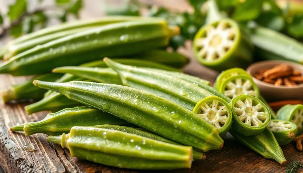 A vibrant, close-up display of fresh okra pods in various shades of green, arranged artfully on a rustic wooden table, with droplets of water glistening on the surface. Include a selection of different sized pods, some whole and others sliced to showcase the interior texture. The background features soft, natural lighting with hints of fresh herbs and spices to evoke a Southern kitchen atmosphere.