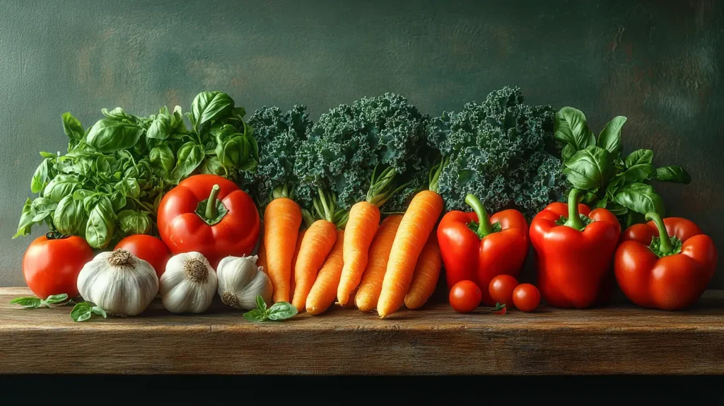 A vibrant assortment of fresh vegetables arranged on a rustic wooden table, featuring juicy tomatoes, crisp carrots, leafy kale, plump bell peppers, fragrant garlic, and fresh herbs like basil and parsley, with a backdrop of a warm kitchen setting.