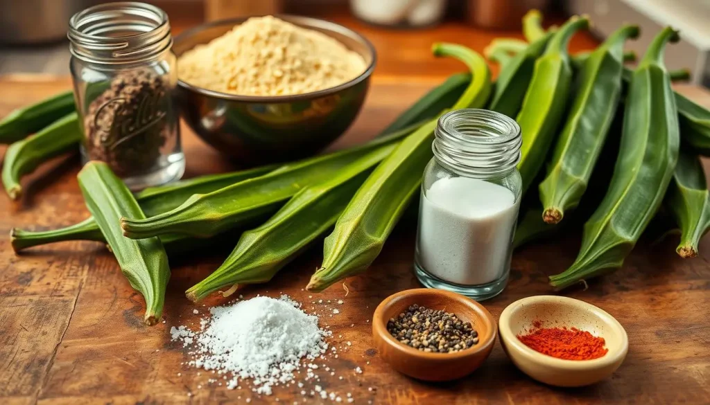 A rustic wooden table topped with vibrant green fresh okra pods, a bowl of cornmeal, a jar of salt, a sprinkle of black pepper, and a small dish of cayenne pepper. The background features a warm kitchen setting with soft natural lighting, highlighting the textures and colors of the ingredients.
