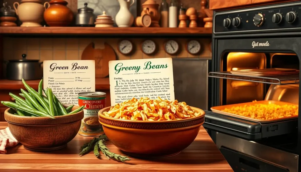 A vintage kitchen scene showcasing the evolution of green bean casserole, featuring a classic 1950s recipe card, fresh green beans in a rustic bowl, creamy mushroom soup, crispy fried onions, and an old-fashioned oven baking the dish. The background depicts a timeline with iconic kitchen tools and ingredients from different decades, all radiating warmth and nostalgia.