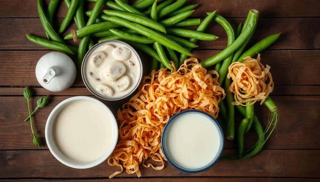 A flat lay arrangement of fresh green beans, a can of cream of mushroom soup, crispy fried onions, and a bowl of milk, all artistically displayed on a rustic wooden table, with subtle lighting to enhance the creamy textures and vibrant colors of the ingredients.