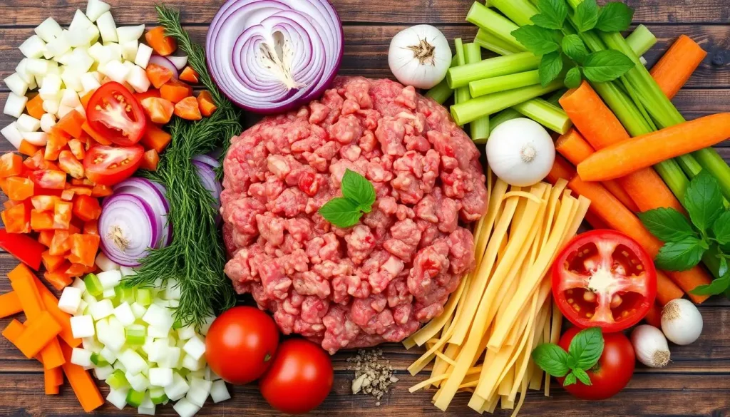 A colorful arrangement of fresh ingredients for a hearty ground beef soup, featuring raw ground beef in the center, surrounded by chopped onions, diced tomatoes, sliced carrots, celery sticks, garlic cloves, uncooked egg noodles, and a sprinkle of dried herbs like oregano and basil, all set against a rustic wooden background.