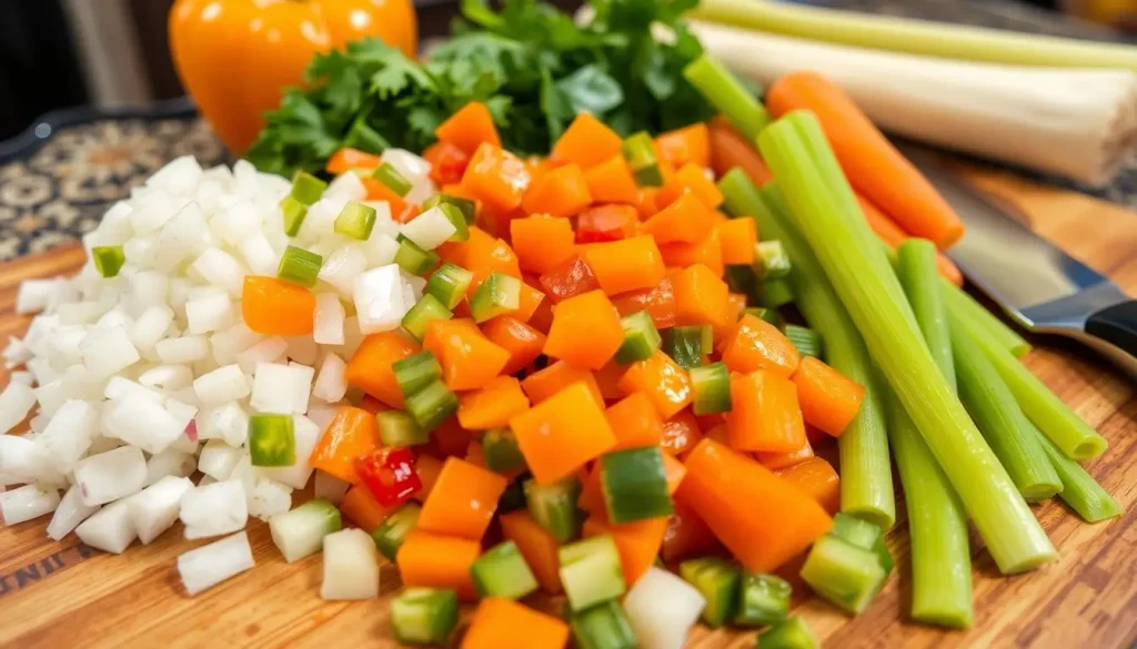 Close-up of fresh vegetables for hamburger soup, including diced onions, bell peppers, carrots, and celery, arranged on a wooden cutting board, with a knife and a rustic kitchen background.