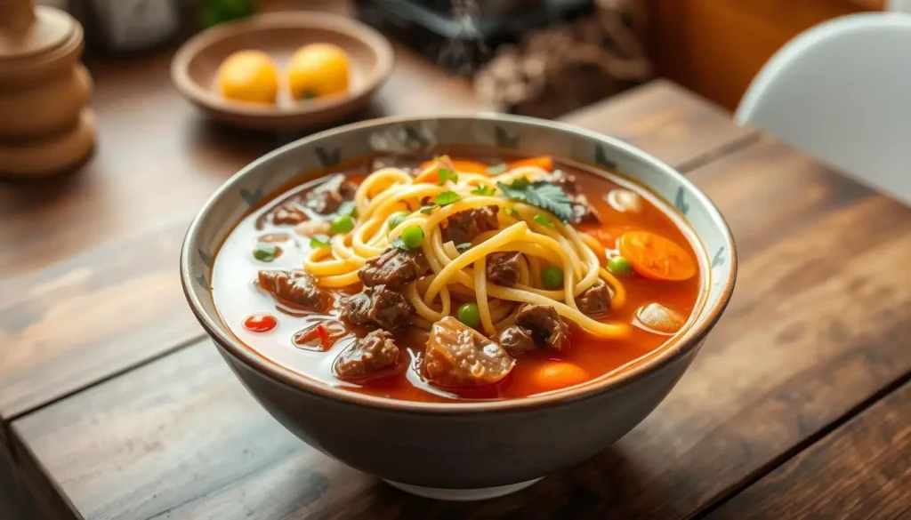 A steaming bowl of hearty beef noodle soup, tender chunks of ground beef, richly colored broth, golden egg noodles swirling amidst vibrant vegetables like carrots and peas, garnished with fresh herbs, set on a rustic wooden table with a cozy kitchen background.