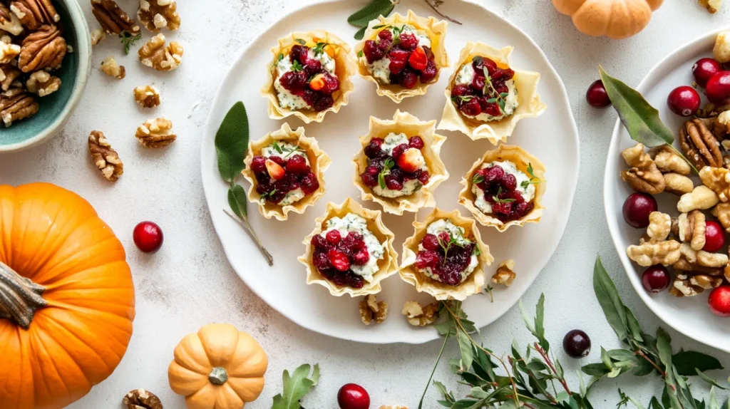 Holiday Appetizer Platter With Cranberry Phyllo Cups.