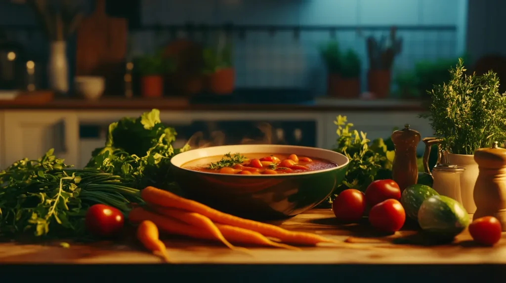 A cozy kitchen scene with a vibrant bowl of homemade vegetable soup, surrounded by fresh vegetables like carrots, tomatoes, and greens, steam rising gently from the bowl, warm lighting creating an inviting atmosphere, rustic wooden table, colorful ingredients scattered around, a hint of herbs in the background.