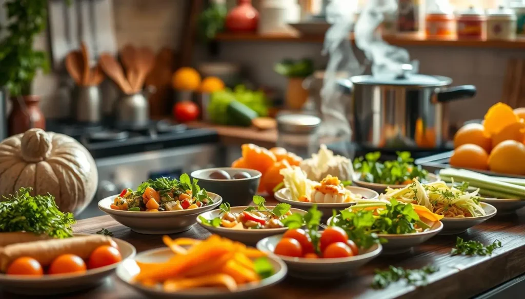 A serene kitchen scene with a variety of colorful, fresh ingredients neatly arranged, showcasing small, elegantly plated dishes, vibrant herbs, and cooking utensils; warm, inviting lighting creates a cozy ambiance; subtle hints of steam rising from a simmering pot, emphasizing quick and tasty meal preparation.