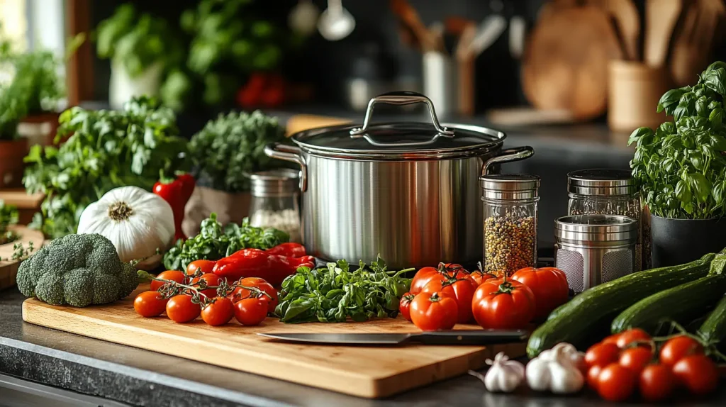 A cozy kitchen countertop featuring an array of colorful vegetables, a sturdy cutting board, a sharp chef's knife, a large stainless steel pot, a wooden spoon, measuring cups, a ladle, and a strainer, all arranged artistically with fresh herbs scattered around.