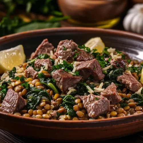 Lamb Lentils Rice Spinach Recipe In A Rustic Bowl