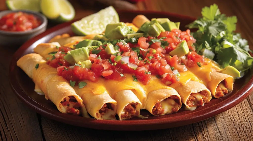 Loaded air fryer taquitos topped with cheese and salsa