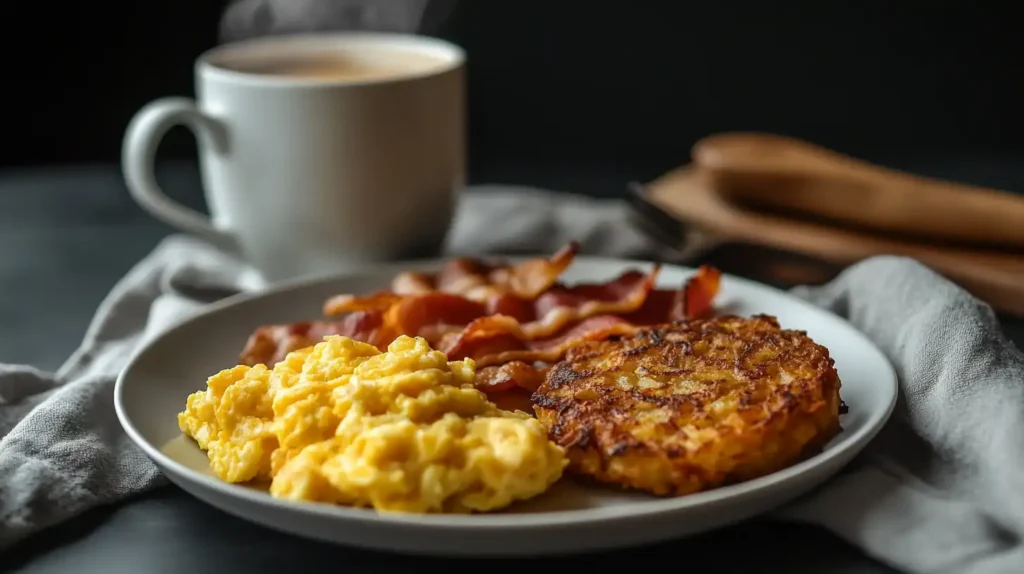 Breakfast plate with hash brown patties, eggs, and bacon