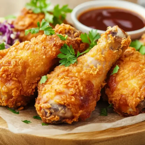 Crispy air fryer chicken drumsticks served with BBQ sauce