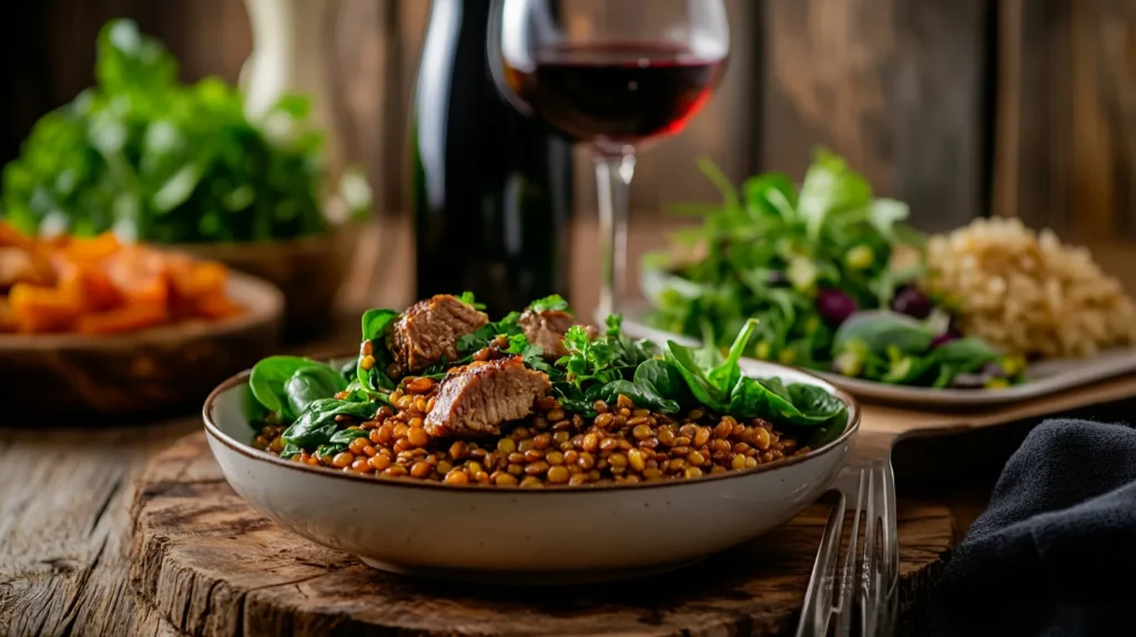 Plated Lamb Lentils Rice Spinach Recipe With Side Salad