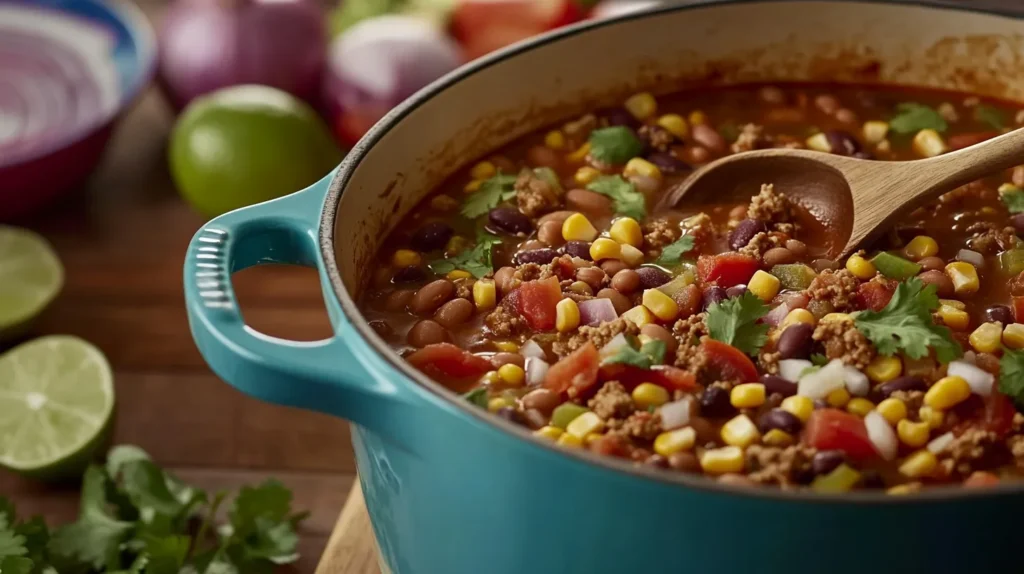 Pot Of Taco Soup With Fresh Ingredients