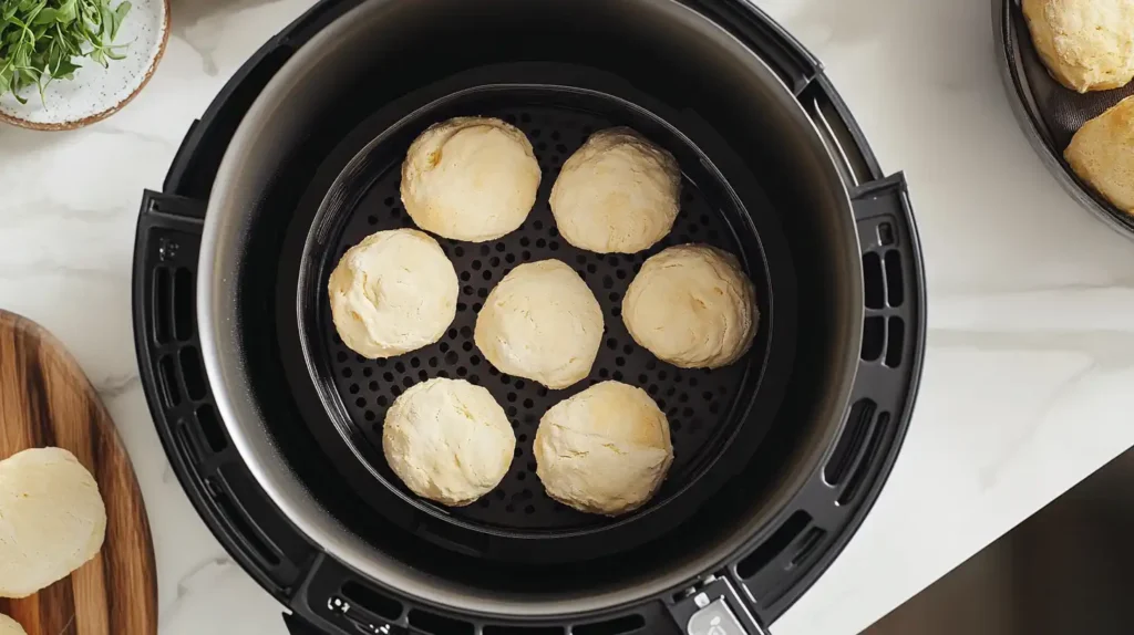 Uncooked canned biscuits arranged in an air fryer basket